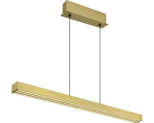 Moderne LED-Pendelleuchte mit linearem Balken aus goldfarbenem Metall und zwei schwarzen Aufhängekabeln.