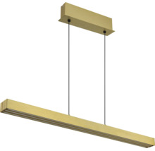 Moderne LED-Pendelleuchte in Goldoptik, rechteckige Balkenform mit zwei Seilaufhängungen.