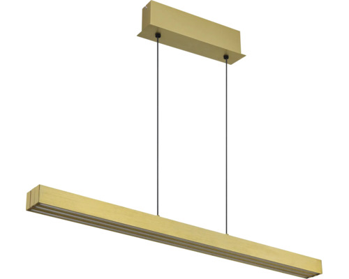 Moderne LED-Pendelleuchte in Goldoptik, rechteckige Balkenform mit zwei Seilaufhängungen.