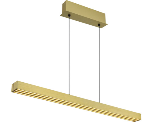 Lineare Pendelleuchte aus Metall mit rechteckigem Leuchtkörper und passendem Baldachin.