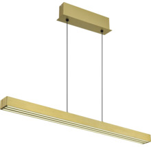Balkenförmige Pendelleuchte, goldfarben, höhenverstellbar.