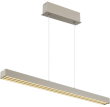 Moderne LED-Pendelleuchte in Balkenform mit drei Leuchtstreifen und rechteckigem Baldachin.