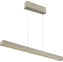 Moderne, längliche LED-Pendelleuchte mit rechteckiger Deckenhalterung und zwei dünnen Drahtseilen.