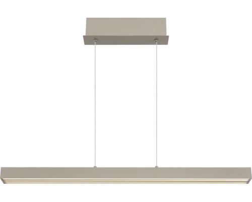 Moderne LED-Pendelleuchte in rechteckiger, linearer Form mit Deckenhalterung und zwei dünnen Drahtseilen.