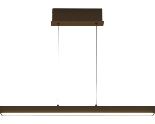 Moderne LED-Pendelleuchte in Balkenform mit rechteckigem Baldachin und zwei Seilaufhängungen.
