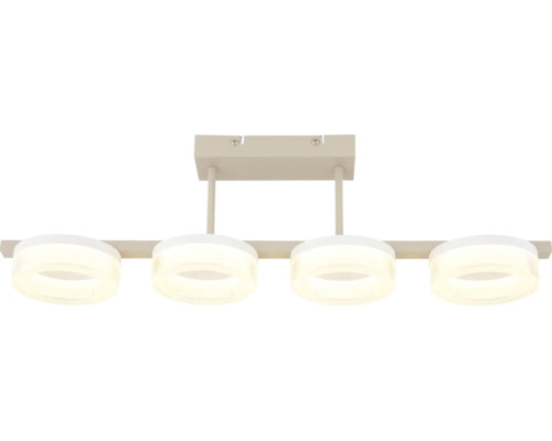 Deckenleuchte mit vier ringförmigen LED-Elementen auf einer Schiene und rechteckiger Deckenhalterung.