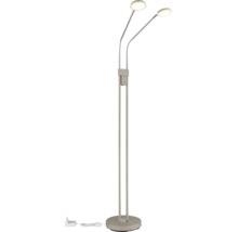 Zweiflammige Stehlampe aus Metall mit flexiblen Lesearmen und runder Basis.
