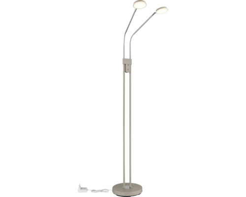 Zweiflammige Stehlampe aus Metall mit flexiblen Lesearmen und runder Basis.
