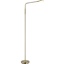 Moderne LED-Stehlampe aus Messing mit verstellbarem Arm und flachem Lampenkopf.