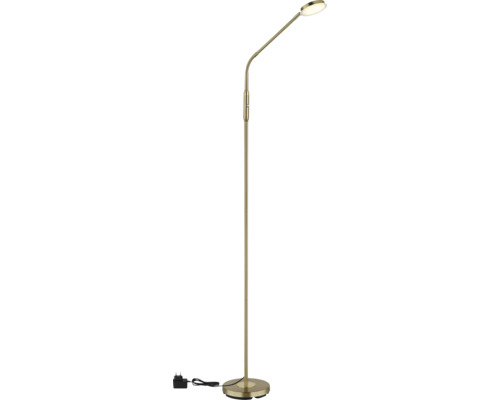 Schlanke LED-Stehleuchte aus Metall in Messing-Optik mit flexiblem Hals und rundem Standfuß.