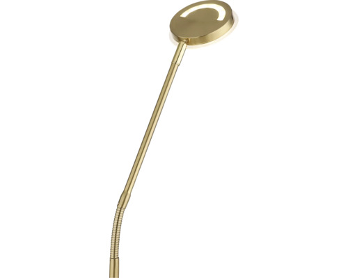 LED-Stehleuchte mit rundem Leuchtenkopf und biegsamem Arm in Messing-Optik.