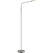Moderne Stehleuchte aus Metall mit flexiblem Arm und flachem runden Leuchtenkopf.
