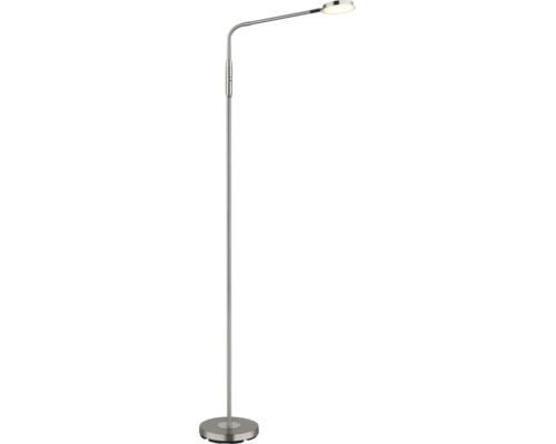 Moderne Stehleuchte aus Metall mit flexiblem Arm und flachem runden Leuchtenkopf.