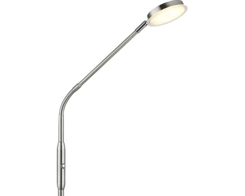 Metall-Stehlampe mit flexiblem Arm, integriertem Schalter und rundem LED-Leuchtenkopf.