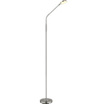 Schlanke Stehleuchte aus Metall mit flexiblem Arm, Tastdimmer und flachem, rundem Leuchtenkopf.