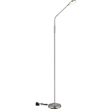 Moderne LED-Stehleuchte aus Metall mit flexiblem Schwanenhals-Arm und rundem Leuchtkopf.