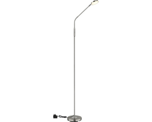 Moderne LED-Stehleuchte aus Metall mit flexiblem Schwanenhals-Arm und rundem Leuchtkopf.