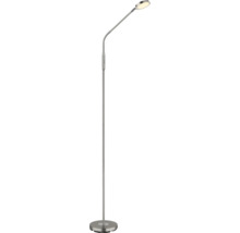 Moderne LED-Stehleuchte aus Metall mit verstellbarem Arm, rundem Standfuß und flachem Kopf.