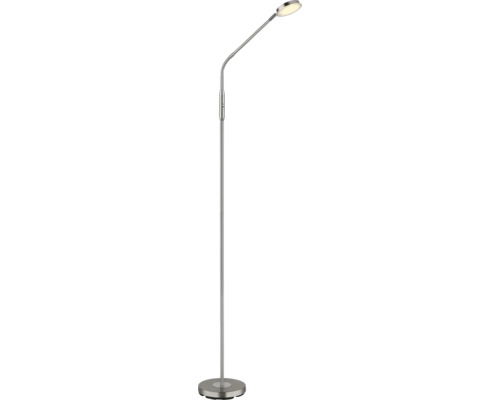 Moderne LED-Stehleuchte aus Metall mit verstellbarem Arm, rundem Standfuß und flachem Kopf.