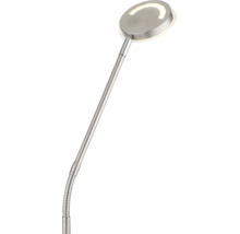 Lesearm einer Stehlampe mit rundem Metallkopf und bogenförmiger LED Lichtquelle.