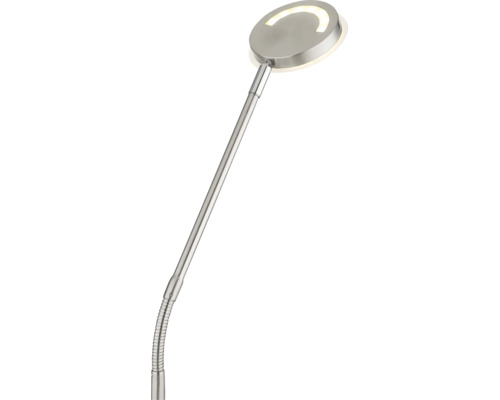Lesearm einer Stehlampe mit rundem Metallkopf und bogenförmiger LED Lichtquelle.