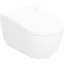Weißes Wand-WC aus Keramik mit geschlossenem WC-Sitz, modernes und abgerundetes Design.