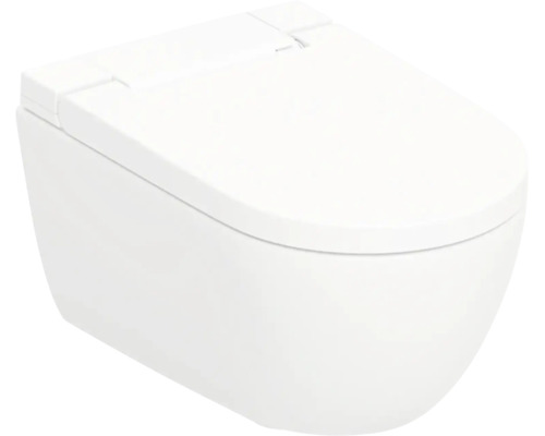 Weißes Wand-WC aus Keramik mit geschlossenem WC-Sitz, modernes und abgerundetes Design.