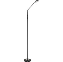 Schwarze LED-Stehleuchte mit flexiblem Hals, flachem Lampenkopf und rundem Standfuß.