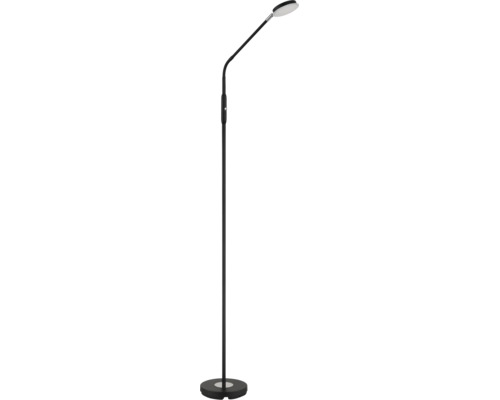 Schwarze LED-Stehleuchte mit flexiblem Hals, flachem Lampenkopf und rundem Standfuß.