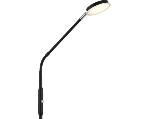 Moderne LED-Leuchte mit flexiblem Arm und flachem, rundem Leuchtkopf aus Metall und Kunststoff.