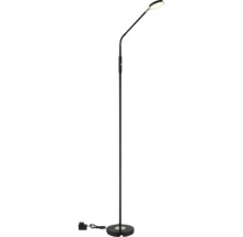 Schwarze Stehleuchte aus Metall mit flexiblem Arm und rundem Lampenkopf.
