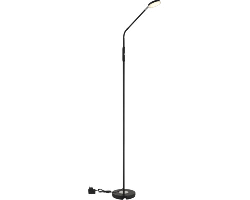 Schwarze Stehleuchte aus Metall mit flexiblem Arm und rundem Lampenkopf.