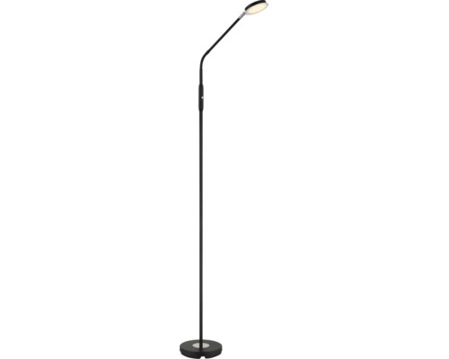 Schwarze LED-Stehleuchte mit flexiblem Arm und flachem, rundem Leuchtkopf für gezieltes Licht.
