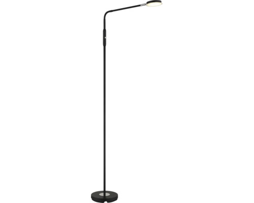 Schwarze LED-Stehlampe mit flexiblem Arm und rundem Standfuß.