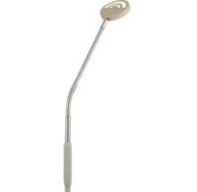 Sandfarbene LED-Leselampe mit flexiblem, silbernem Schwanenhals und rundem Lampenkopf.