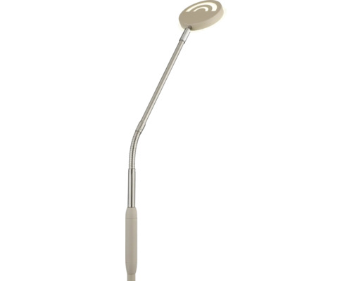 Sandfarbene LED-Leselampe mit flexiblem, silbernem Schwanenhals und rundem Lampenkopf.