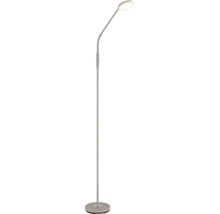 Moderne LED-Stehleuchte mit flexiblem Hals und rundem Lichtkopf, sandfarben matt.