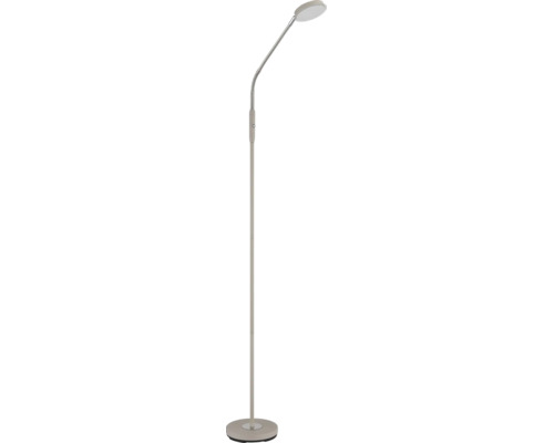 Moderne Stehleuchte mit flexiblem Hals, flachem rundem Kopf und rundem Standfuß.
