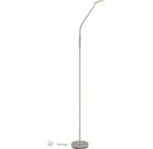Moderne LED-Stehleuchte mit flexiblem Hals, flachem Rundkopf und rundem Standfuß.