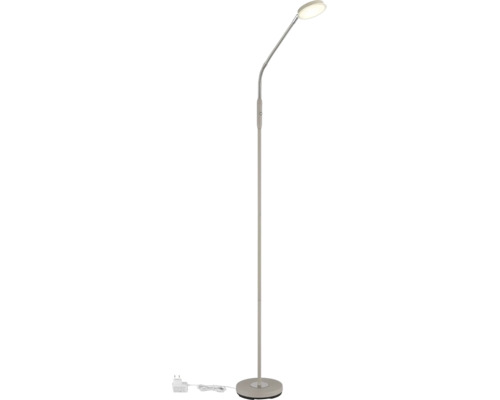 Moderne LED-Stehleuchte mit flexiblem Hals, flachem Rundkopf und rundem Standfuß.