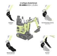 Zipper 4-teiliges Zubehörset für Minibagger mit Reißzahn, mechanischem Schnellwechsler, Böschungslöffel und Daumen.