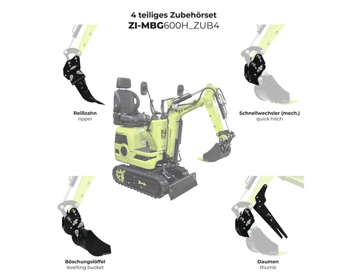 Zipper 4-teiliges Zubehörset für Minibagger mit Reißzahn, mechanischem Schnellwechsler, Böschungslöffel und Daumen.