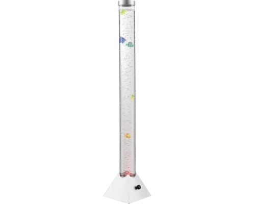 LED-Wassersäule mit aufsteigenden Luftblasen, schwimmenden Kunstfischen und einem pyramidenförmigen Sockel