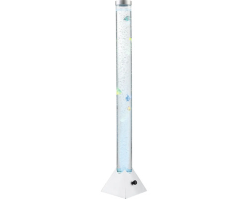 Wassersäule mit Luftblasen und schwimmenden Deko-Fischen in einer transparenten Röhre auf einem weißen Sockel.