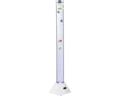 LED-Wassersäule mit künstlichen Fischen, Luftblasen und pyramidenförmigem Standfuß.