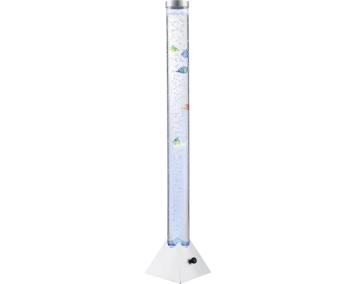 LED-Wassersäule mit künstlichen Fischen und aufsteigenden Luftblasen auf einem pyramidenförmigen Sockel.
