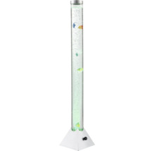 LED-Wassersäule mit künstlichen Fischen, sprudelnden Luftblasen und weißem Sockel.