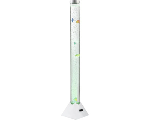 LED-Wassersäule mit künstlichen Fischen, sprudelnden Luftblasen und weißem Sockel.