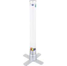 Wassersäule Stehleuchte mit Deko-Fischen, silberfarbener Standfuß in Kreuzform und transparenter Zylinder.