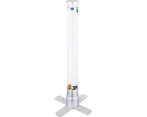 Wassersäule Stehleuchte mit Deko-Fischen, silberfarbener Standfuß in Kreuzform und transparenter Zylinder.